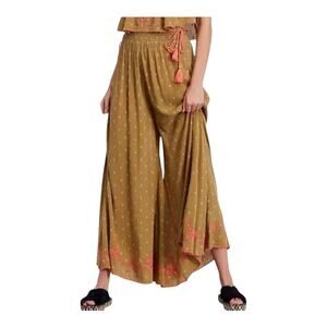 Free People Hearts Rising Pants Women’s Size Large Moss Green Embr Boho Wide Leg